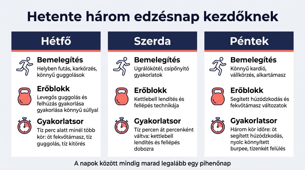 Hetente három napos crossfit edzésterv kezdőknek: hétfő, szerda, péntek felépítése