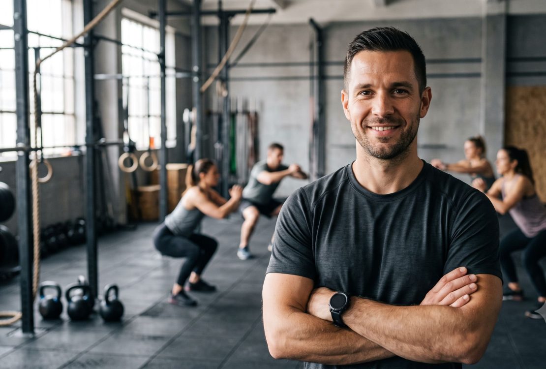 Crossfit edző közeli portréja edzőteremben, háttérben kezdő csoport bemelegítése