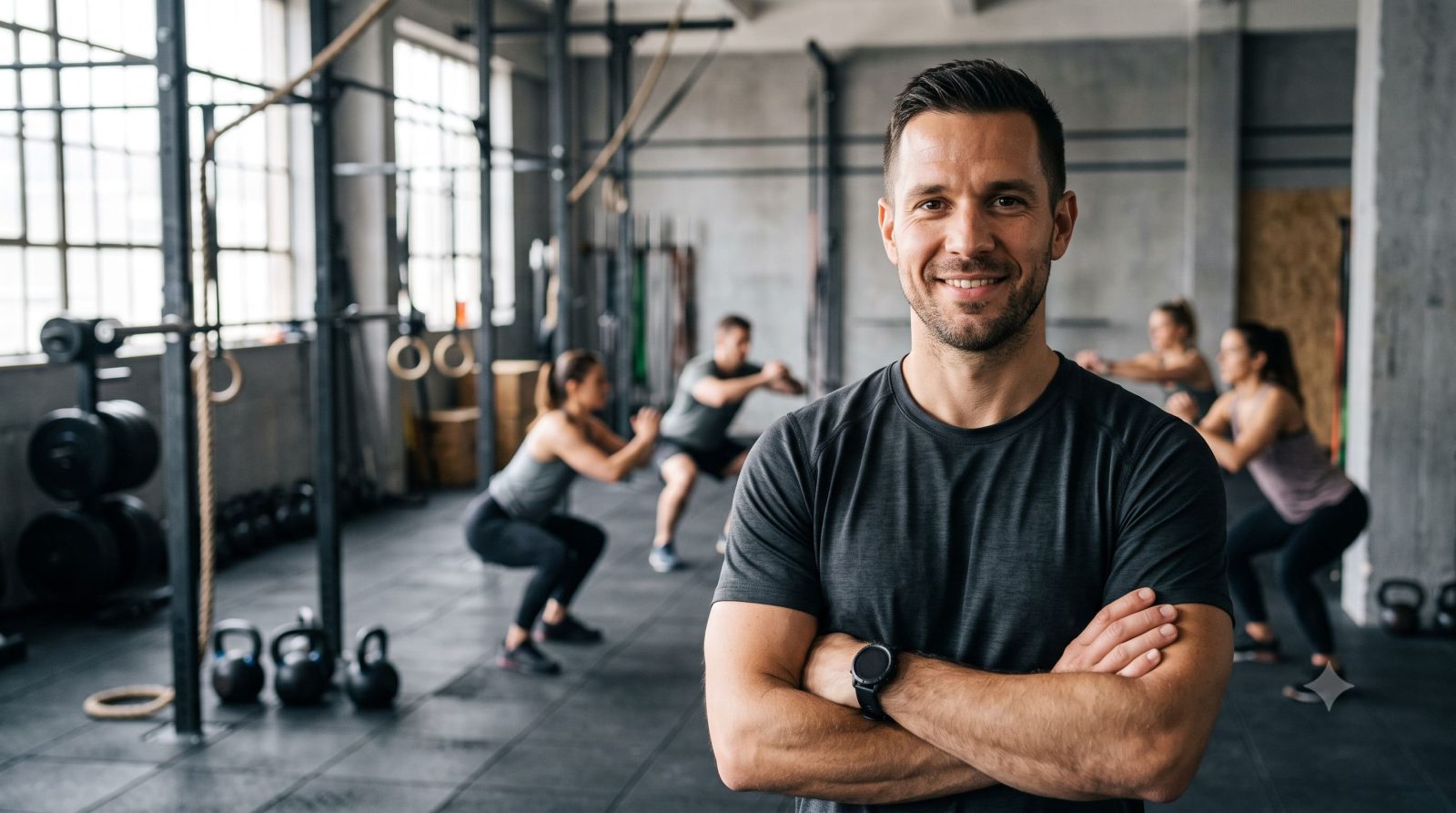 Crossfit edző közeli portréja edzőteremben, háttérben kezdő csoport bemelegítése