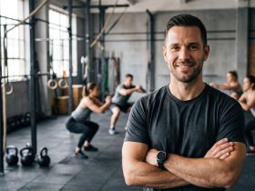 Crossfit edző közeli portréja edzőteremben, háttérben kezdő csoport bemelegítése