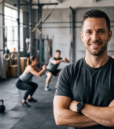 Crossfit edző közeli portréja edzőteremben, háttérben kezdő csoport bemelegítése