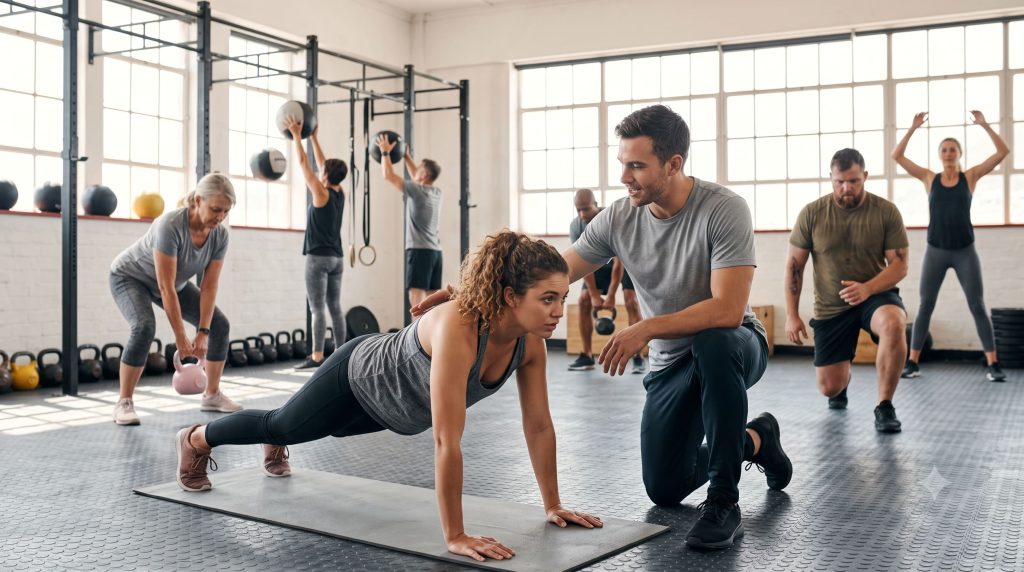 Kezdő crossfit csoport közös edzése, edző korrigálja egy résztvevő tartását