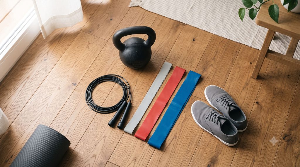 Otthoni crossfit edzés minimális felszerelése: kettlebell, ugrálókötél és ellenállás gumi