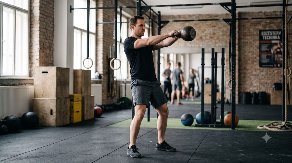 Kettlebell lendítés helyes kivitelezése csípőből, kezdő sportoló edzőteremben