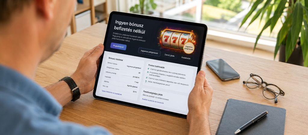 Felhasználó tableten olvassa az ingyen bónusz befizetés nélkül elérhető online kaszinóajánlat részleteit.